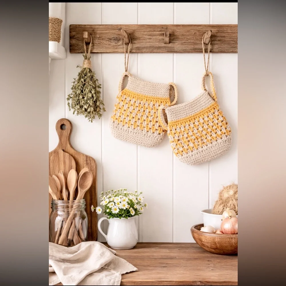 Vintage Crochet Pot Holders. Yellow Cream Metallic Gold. Kitchen MCM 1970s